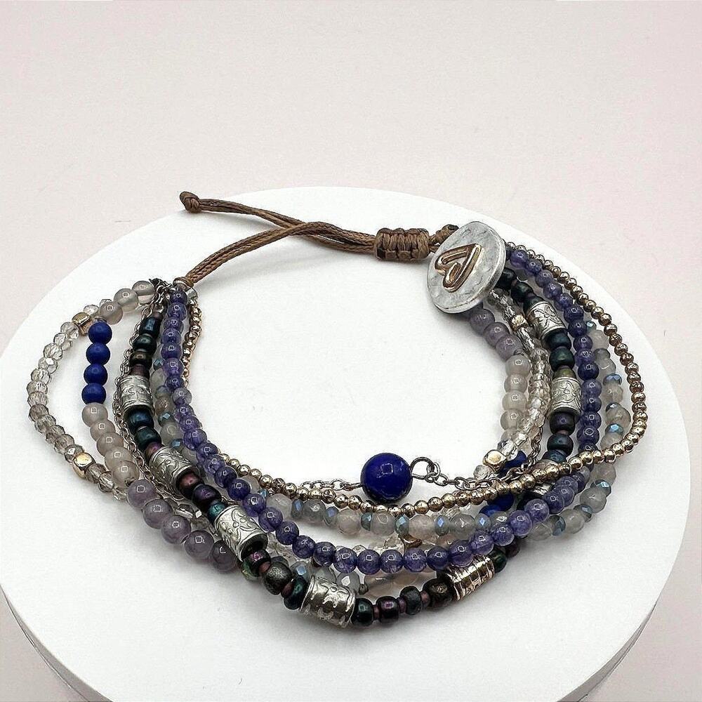 Vintage 70s Beaded Indigo Bracelet Multi-strand Blue Glass Heart Charm Jewelry